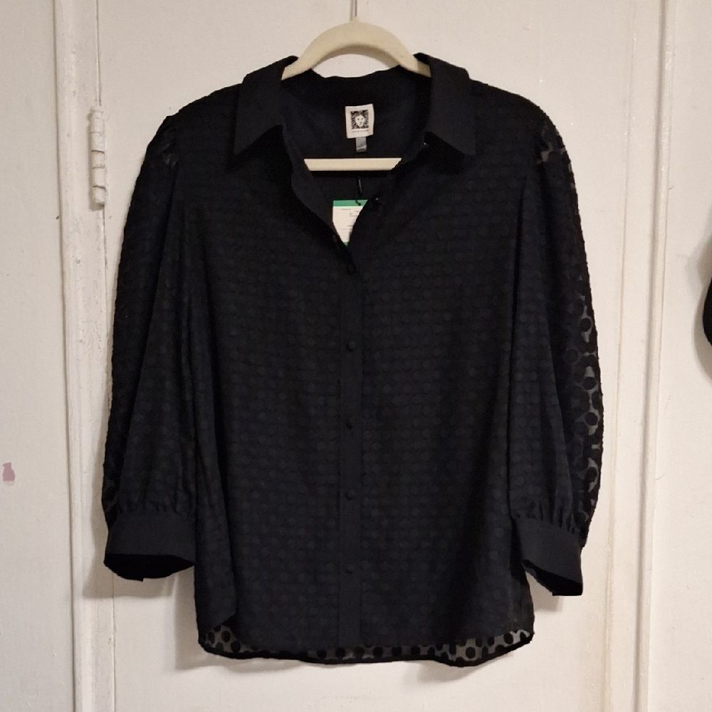 Anne Klein Black Semi-Sheer Dot Button-Up Blouse